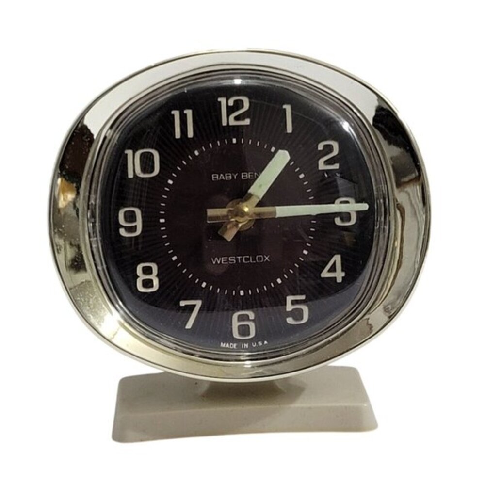 Vintage Westclox Baby Ben Alarm Clock Chrome Finish Off-White Base Retro Decor - Picture 5 of 5